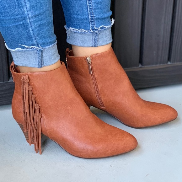 Macy's Shoes - Cognac Pointed Toe Boho Fringe Ankle Booties